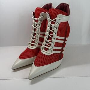 Azalea Wang Robert-Red Boots Womens Size 8 Red Mesh Lace Up Ankle Stiletto Shoes